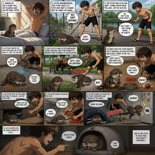 Waking up in the morning on a Sunny day and no cin pajamas and his Pet Baby Otter but Excessively bully’s it. in the neighborhood and the Otter wants to stop and sniff a flower but he yanks the leash and the Otter coughs up Saliva and the otter asks if he can sniff a drink water from the lake but he’s says no and gets dehydrated and he pours what we on the floor and the otter licks it but it’s to hot. But They go to a park and he sits down and reads a book and can see the otter trying to secretly sniff flowers so he Excessively bullies him. Then later Every food the otter doesn’t eat there are is discipline. and asks for some and the looses a tail and tries to run under the couch but stops him. And the otter Receives Discipline that. And hides under his Doggy bed and gets discovered and thrown at the fridge. And is nudged into his own