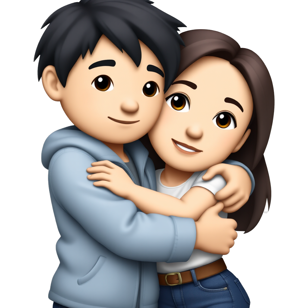 A boy with black long hair and black eyes hugging a girl with dark brown hair and brown eyes iPhone emoji style
