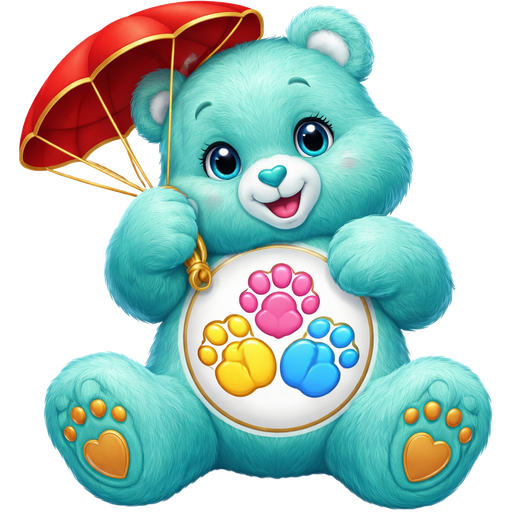Unity Aqua Care Bear with three different color Bear Paws holding the other Pink, Yellow and Blue layered over the other to form a triangle on its stomach holding a red parachute and a gold trim