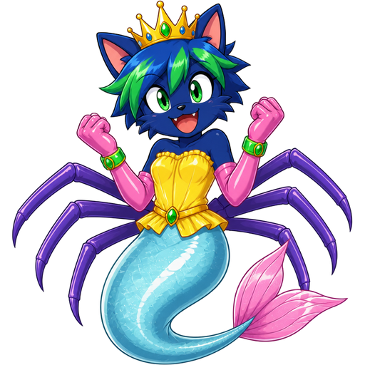 smiling dark blue boy cat furry with green and blue hair wearing golden crown green braclets attached to pink long rubber gloves yellow dress tucked in a light cyan mermaid tail with white highlights with pink tail fins with six purple spider legs (sonic x anime)