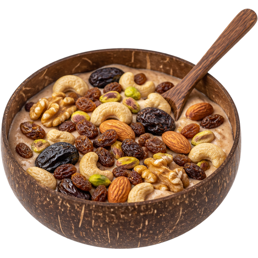 High-Protein Trail Mix Smoothie Bowl in a Coconut Shell-Style Bowl With a Wooden Spoon with Cashews, Walnuts, Almonds, Raisins, Prunes and Pistachios on Top