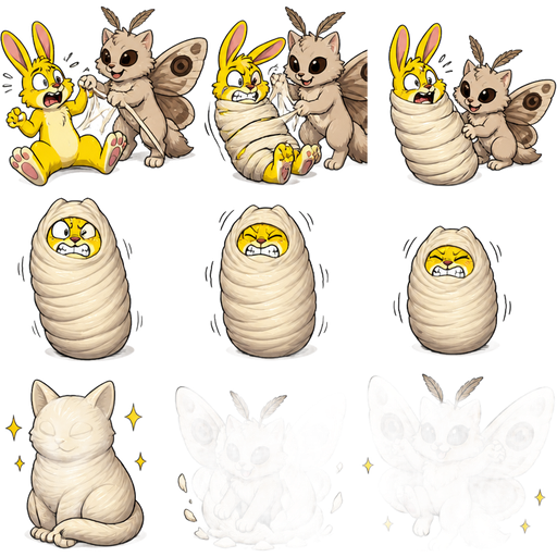 yellow rabbit furry getting wrapped up and cocooned by moth cat hybrid with slik webbing then yellow rabbit furry struggles encased in the non-transparent slikworm cocoon gets shrink tighter and tighter until the slikworm cocoon forms into a cat and then the cat moth emerges out of it cartoon clipart version