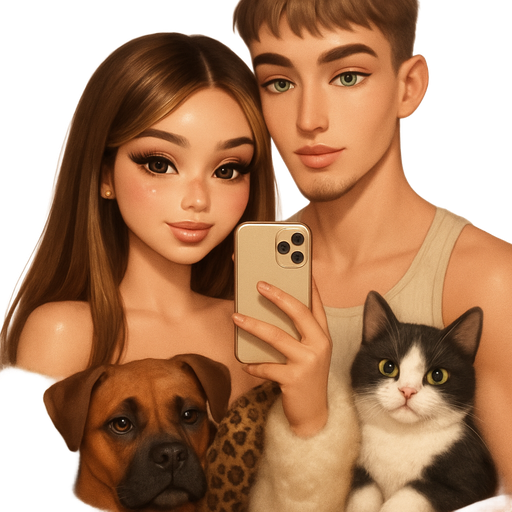 mirror selfie luxury Bratz-inspired glossy baddie meets anime romance aesthetic, soft airbrushed skin, dreamy glam, creamy glow, crisp edges, glossy finish, petite girl with warm-soft-autumn tone, oval doll face, honey-small brown almond eyes, subtle freckles, warm toasty glam makeup, flutter lashes, glossy nude lips, sweet princess smile, long straight brunette with honey blonde highlights, long layers and curved ends, soft nose and slightly full lips wearing an off the shoulder leopard print glitter top, cream fur shawl with sweetheart neckline taking selfie on iPhone with tall slender boyfriend with elongated inverted-triangle face, slightly larger head ratio, tapered jaw, pointed chin, small ears, light tan skin, downturned close set striking light green eyes, long thin eyebrows, not thick, plush bright pink lips, light ash brown textured fringe, clean shaven with thick downwards goatee fluffy thick puff patch on the tip of the chin, no goatee, long lashes, warm prince energy, beige wifebeater ribbed tank. pose: hugging, soft love vibe, holding reddish-brown boxer-pitbull mix with black muzzle with one floppy ear and one perked and a chubby soft black and white cat with green eyes. warm cinematic glow, glossy glam finish, crisp detail, cute romantic aura