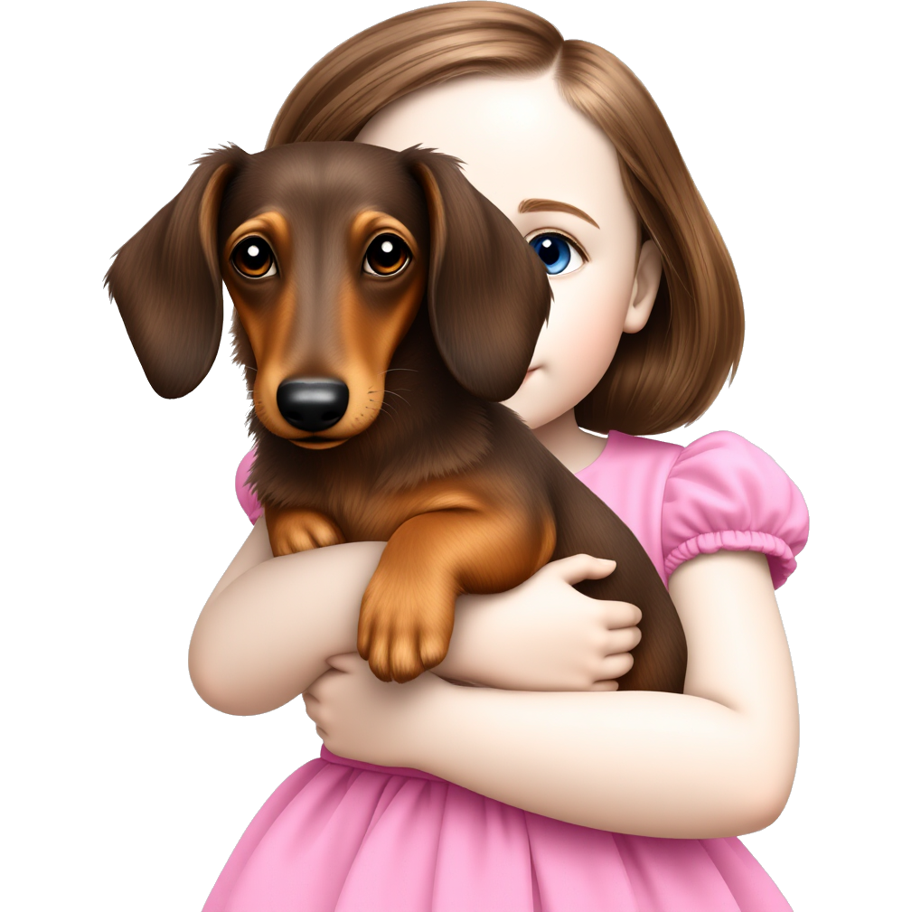 A brown-haired, blue eyed, white-skinned girl in a pink dress holds a shaded red longhaired dachshund in her arms