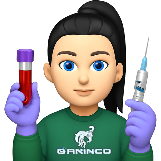 Woman with a nose ring, white skin, black hair pulled straight back into a top ponytail, pale blue eyes, thin high arched eyebrows, wearing a green ford bronco sweatshirt, light purple gloves, holding a purple top vial of blood and a syringe