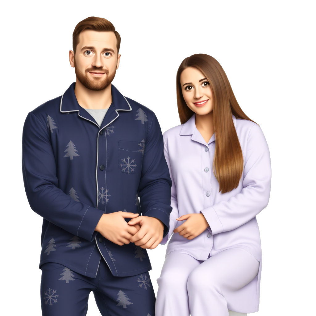 Man with short brown hair, stubble and blue eyes in navy Christmas pyjamas holding hands with woman with long straight brown hair and blue eyes in lavender Christmas pyjamas