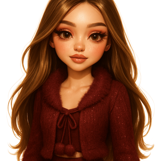 luxury glossy bratz-anime romantic aesthetic, warm cinematic glow, crisp clean detail, glossy glam skin. petite girl, warm soft-autumn tone, fair skin, honey-brown almond eyes, soft freckles, warm toasty glam makeup, glossy nude lips, flutter lashes, warm burgundy makeup, sweet Belle-princess vibe, very long brunette honey balayage hair with visible light honey blonde highlights, straight & voluminous, Sabrina Carpenter blowout, high shine, knitted burgundy cardigan with marabou pom-poms, fur along edges, matching midi skirt winter pop-princess energy, shimmer highlight, sparkly glow