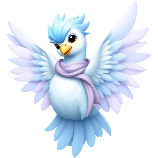 A whimsical pastel Phoenix adorned with soft cobalt blue feathers, glimmering with delicate sparkles. It wears a flowing lavender scarf and has a gentle smile, surrounded by fluffy cotton candy clouds and twinkling star-shaped confetti, radiating warmth and serenity in a dreamy pastel sky.