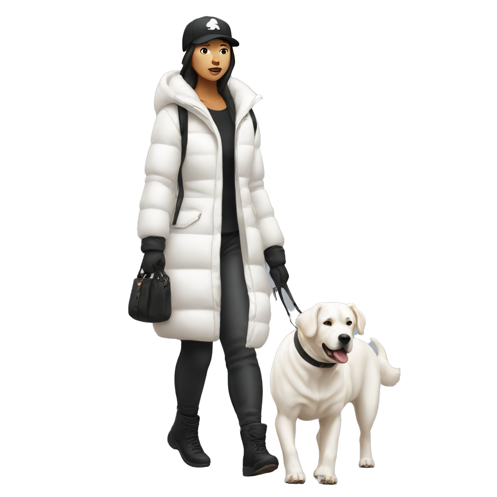 A bronze skin colored asian woman wearing a black ball cap and a white long down jacket is walking a white big dog