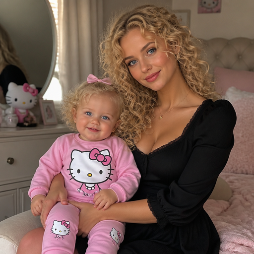 Bébé aux yeux bleu et aux cheveux bouclés blonds elle a un ensembles hello kitty . Elle a une mère qui lui ressemble sauf qu’elle a une robe noire
