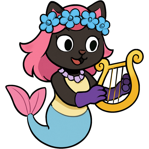 cartoon black anthro cat with pink hair blue flower crown with light purple shell necklace light yellow dress attached to light blue mermaid tail with pink fins purple gloves holding a golden harp artistic creation, beautiful art cartoon style