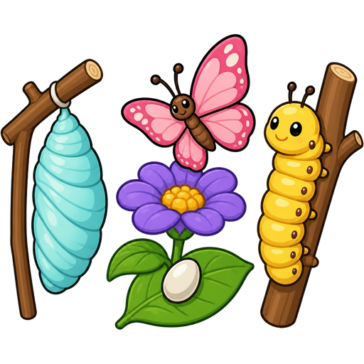 light cyan slikworm cocoon on a stick with an egg on a leaf purple flower with a pink butterfly next to yellow caterpillar on a stick