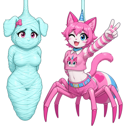 wrapped up and mummified fully covered in a #B8FFFF spider slik cocoon shaped like anthro female puppy anthro worried arms behind back with #B8FFFF spider slik wrappings completely covered with thick layers non-transparent #B8FFFF spider slik wrappings hanging on ceiling on left side next to a happy anthro femboy pink cat anthro drider hybrid doing victory sign smiling based on unikitty