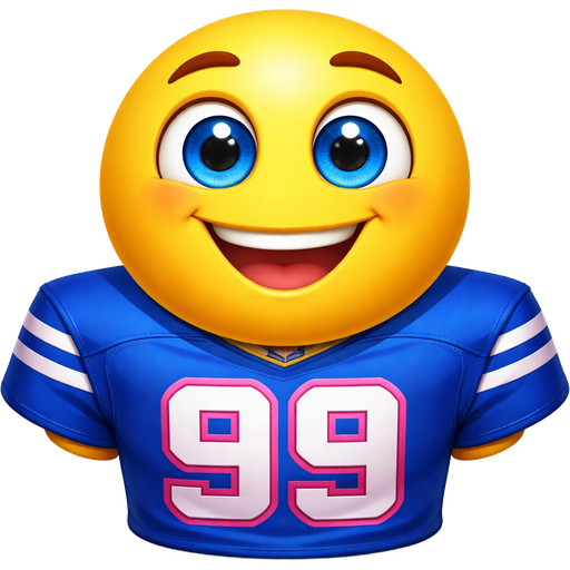 Yellow emoji wearing football jersey jersey color royal blue numbers on jersey 99 in pink emoji’s eye color blue
