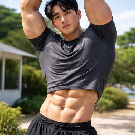 A Real life Full Body Image of a Hunky and Muscular, Hot, Handsome and Masculine and Round faced and chubby cheeked Korean with Black Parted Side hair and Brown eyes and with Chunky Arms and Pecs and Very Stocky Body with 8 Pack Abs. Wearing A Tight Athletic Shirt that is a little short around the waist. Sunburned under his eyes. Stretching with his arms pointing up