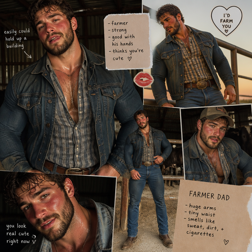 A Real life Full Body Image of a Dad that is a Farmer with Brown hair and Brown Eyes and Beard with Chunky Arms with Pecs strong enough to Hold up a Building with a Defined Stocky Body And Grotesque Wrestling Body and a Tiny Waist Blushing and With Sunburn under his Eyes. Wearing a Tightly Jean Jacket and Buttoned Shirt. Licking his Lips. Drenched in Sweat thinks your Cute and Flirts
