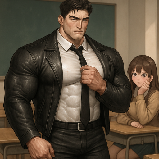 Full body view of buff, jacked and muscular with a huge pecs and biceps. In a Tight White Shirt and a Black tie And Black Pants And A Leather Jacket over. Drenched in Sweat Grabbing his This Tie making Girls Blush in a Chair in a Classroom