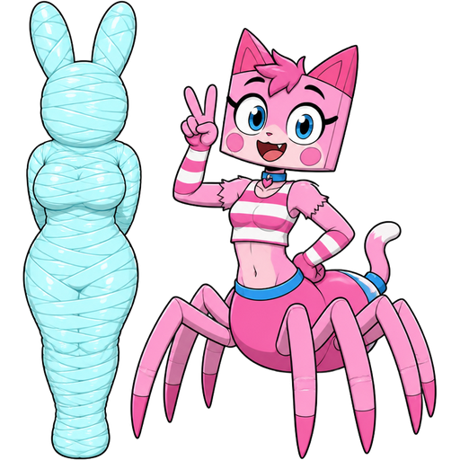 wrapped up and mummified fully covered in a #B8FFFF spider slik cocoon shaped like anthro female rabbit anthro arms behind back with #B8FFFF spider slik wrappings completely covered with thick layers non-transparent #B8FFFF spider slik wrappings next to a happy anthro femboy pink cat drider doing victory sign based on unikitty