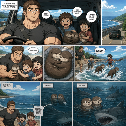 A DETAILED AND LIFELIKE ANIME Comic Book story view of a Bulky but Muscular ANIME Cute Bara Man With Peach toned skin Who looks Normal aind round facial Structure and Basic facial structure With Puffy and Big Pecs that are visible through the shirt and Biceps and Bandaid on his nose and Brown short hair that makes them look tough. Wearing normal With his pet Grown and healthy realistic otter and 2 little brothers that are in different ages but young. And they Go on a Trip in the car, and the 2 otters cuddle. And they Play and The otters Swim in the ocean but swim to far and are surrounded by sharks