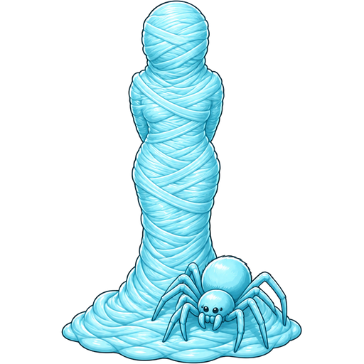 mummified fully covered in a #B8FFFF spider slik cocoon shaped like girl arms behind back with #B8FFFF spider slik wrappings completely covered with thick layers non-transparent #B8FFFF spider slik wrappings by it's feet with large #B8FFFF spider slik