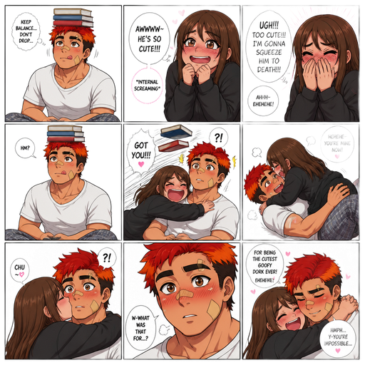 A Full page Anime Comic book story about of a masculine and Bulky ANIME Cute Bara Man American 20 year old with a ROUND and BASIC facial structure and TENAGE BARA CUTE MALE not to detailed With bigger than average Pecs that are visible through the shirt and Biceps and a big Bandaid on his nose and Left Cheek and Right Eye brow. Wearing a no piercings Baggy White shirt and pajamas pants and Red Hair and Bright Orange Hair Tips and Strait with brown eyes and black eyebrows. Sitting down looking up And Balances Books on his head and Licking his lips and making her blush and having cuteness aggression against him. She laughs and she takes him down and. And she kisses him on the Cheek.