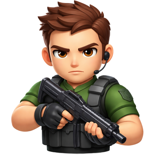 Emoji-style 3D render of Chris Redfield, clean smooth surface, strong simplified proportions, short brown hair, determined expression, green tactical outfit with minimal detail, matte finish, soft neutral shading, modern emoji icon style, not plush, not vinyl, not toy, clean white background.