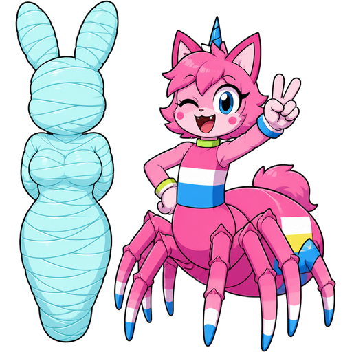 wrapped up and mummified fully covered in a #B8FFFF spider slik cocoon shaped like anthro female rabbit anthro arms behind back with #B8FFFF spider slik wrappings completely covered with thick layers non-transparent #B8FFFF spider slik wrappings next to a happy anthro femboy pink cat drider doing victory sign based on unikitty