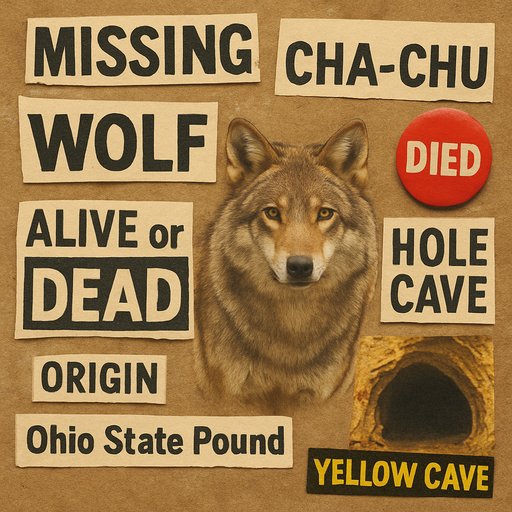 Missing wolf named cha-chu originated Ohio State pound hole cave alive or died red button origin caves yellow cave real color brown