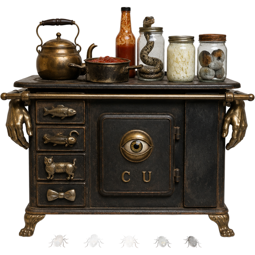 vintage oven with fish handle lizard handle cat handle bowtie handle with a door with brass eye brass c and brass u old kettle pot red sauce bottle snake in jar curdled milk jar of moldy cookies human brass hands holding hand rail 5 bugs in line