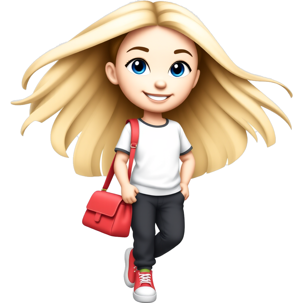 A girl with blonde hair and blue eyes wearing a simple black and white shirt with a red purse, black sweatpants, and red and white sneakers.