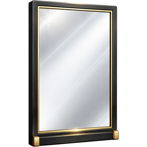 Ultra-realistic high-resolution emoji-style sticker of a sleek hairdresser salon mirror with a matte black frame and subtle metallic gold accents. Modern, minimal design with clean lines, soft reflections in the glass, and delicate gold detailing catching the light. Luxury, spa-inspired aesthetic with crisp edges, sharp focus, and studio lighting