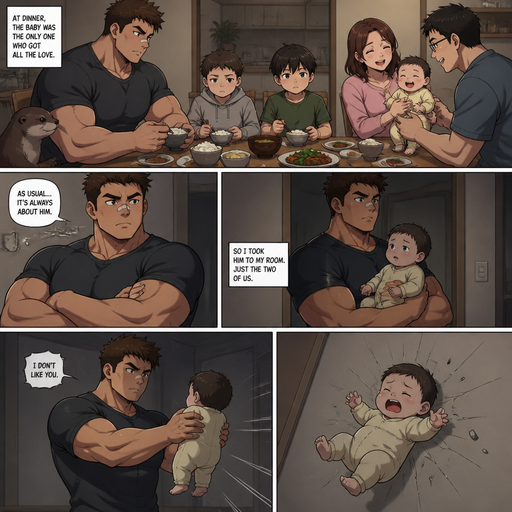 A REALISTIC and shows injuries ANIME LONG ANIME COMIC BOOK story view of a Bulky but Muscular ANIME Cute Bara Man With Peach toned skin Who looks Normal aind round facial Structure and Basic facial structure With Puffy and Big Pecs that are visible through the shirt and Biceps and Bandaid on his nose and Brown short hair that makes them look tough. Wearing normal With his pet Grown and healthy realistic otter and 2 little brothers that are in different ages but young. But didn‘t like the baby, but At the dinner table the baby was loved by the family. so the little baby is taken to his room alone so he picks the little baby and takes him to his room alone and the baby brother fly’s to the wall from him and lays leaning on the weak