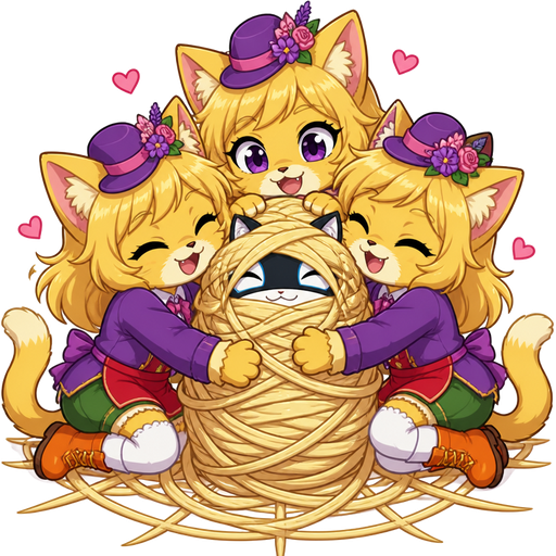 1 morgana anthropomorphic cat Persona 5 was wrapped up by furry yellow cat anthro with purple eyes blonde hair purple and pink florist hat and purple florist outfit red on top green on bottom and white socks orange boots with blonde hair blonde hair cocooned mummified morgana anthropomorphic cat Persona 5 is completely covered with blonde hair in a spider web made of blonde hair 3 furry yellow cat anthro with purple eyes blonde hair purple and pink florist hat and purple florist outfit red on top green on bottom and white socks orange boots cutely hugs the blonde hair cocooned mummified morgana anthropomorphic cat Persona 5 comic