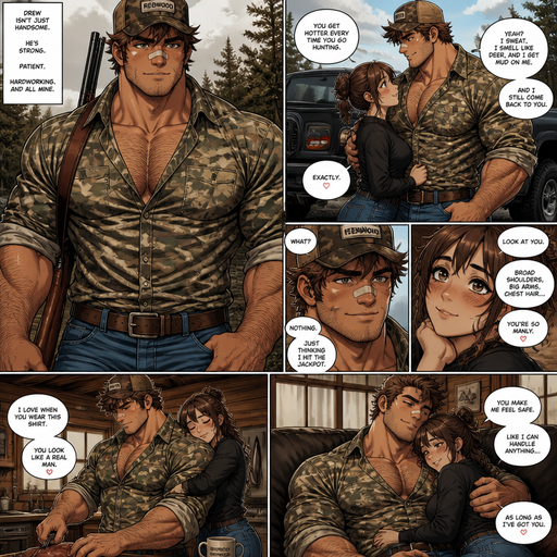 A REALISTIC AND LIFELIKE Comic Book long Story of a Bulky but Muscular ANIME Cute Bara Man With Peach toned skin Who looks Normal and a huge and Masculine round facial Structure and Basic facial structure With Puffy and Big Pecs that are visible through the shirt and Biceps and Bandaid on his nose and Brown Spiky hair and His Hair Curls At the tip of strands. Wearing a hunting shirt AND jeans with a Baseball Hat with and has a Hairy body and looks very manly like a Dad but isn‘t one and looks SO Hot. And His Girlfriend Loves how manly he is