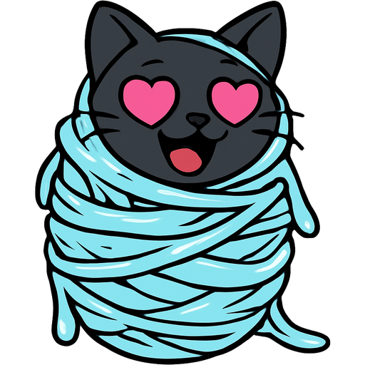 #B8FFFF slikworm cocooned pod black cat happy with pink heart eyes encased enveloped cocooned covered with #B8FFFF huge coating of #B8FFFF slik and huge #B8FFFF slik wrappings and huge #B8FFFF webbing wrappings #B8FFFF cartoon style