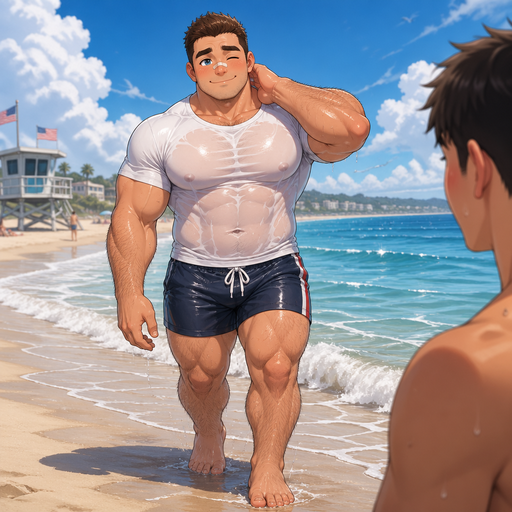 A Full Body view of a Chunky Small but Muscular and more Muscle than Fat ANIME Cute Bara Man Who looks Normal and American with a round facial Structure and Basic facial structure With PUFFY and BIG Pecs that are visible through the shirt and Biceps with a cut on his nose. Wearing swimming trunks at the beach getting out of the water. And winking at a guy
