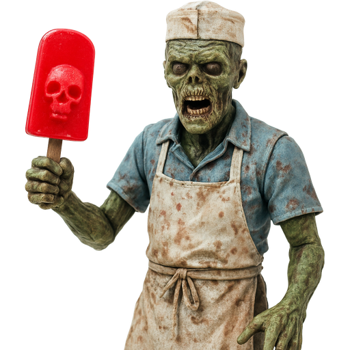 toy action figurine version zombie ice cream vendor with a red popsicle with a skull inside it toy action figurine version