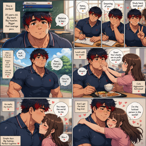 A Full page Anime Comic book story about of a masculine and Bulky ANIME Cute Bara Man American 20 year old with a ROUND and BASIC facial structure and TENAGE BARA CUTE MALE not to detailed With bigger than average Pecs that are visible through the shirt and Biceps and a big Bandaid on his nose and Left Cheek and Right Eye brow. Wearing a no piercings Baggy Cute and Perfect sized Polo shirt and Shorts and Navy Blue Hair and Bright Red Hair Tips and Strait with brown eyes and black eyebrows. Sitting down with his head still and his eyes looking up at you with a Hot, Cute and Dreamy smile And Balances Books on his head and doing other cute and Hot stuff in classrooms and Licking his lips Super Sweaty and Hot from his run outside And then Eating some food with his crush and she has cute aggression due to his puffy cheeks and the she squeezes his cheeks. And then he kisses her on the forehead and then she hugs him in happiness