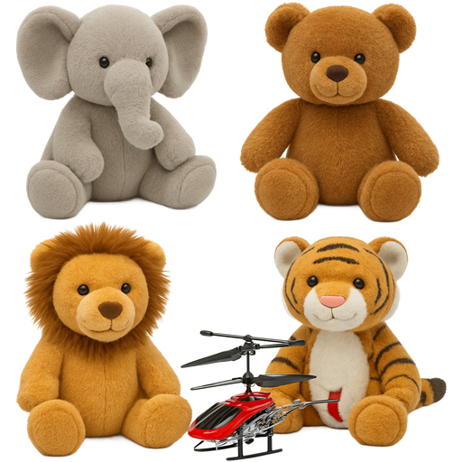 “Kmart”: Toy Elephant, Toy Bear, Toy Lion, and Toy Tiger, Revolt RC Mini Heli Radio Helicopter Assortment