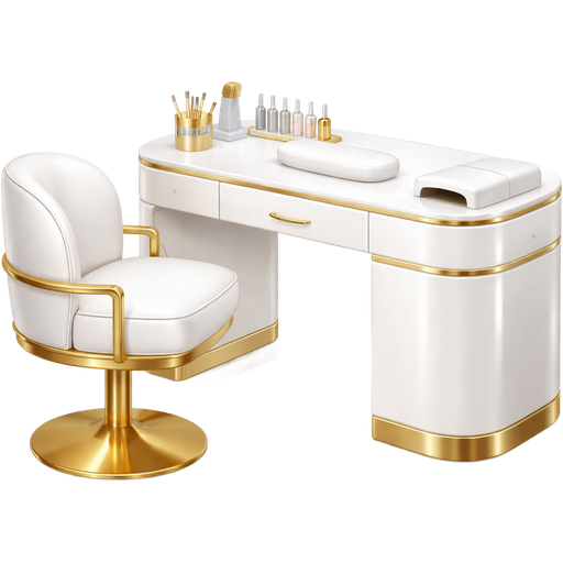 Luxury nail desk and client chair set, sleek modern design with glossy white surfaces and polished metallic gold accents, high-end manicure workstation with clean minimal aesthetic, elegant nail desk with smooth finish and subtle gold detailing, matching cushioned client chair with white upholstery and gold frame, ultra realistic texture, soft reflections and glossy highlights