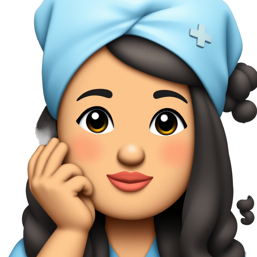 Long curly hair and little brown skin and long hair black w some little bit of brown hair w some bangs Black almond eyes and soft lips And add blush Wear baby blue medical scrub The face should be happy with a fly kiss ( creat it with iPhone emoji style)