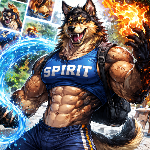 Very Hot and Attractive animal that is a Sabertooth mixed with a German Shepard with Ginormous Biceps and Pecs Bara furry College Student wearing a spirit shirt All powerful Pyro Elemental Powers controlling water. Dripping with Sweat