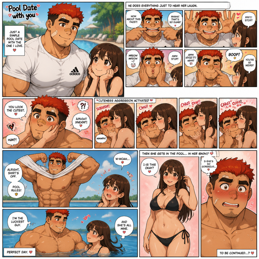 A Full page Anime Comic book story about of a masculine and Bulky ANIME Cute Bara Man American 20 year old with a ROUND and BASIC facial structure and TENAGE BARA CUTE MALE not to detailed With bigger than average Pecs that are visible through the shirt and Biceps and a big Bandaid on his nose and Left Cheek and Right Eye brow. Wearing a no piercings Baggy White Adidas Athletic shirt and Short and Red Hair and Bright Orange Hair Tips and Strait with brown eyes and black eyebrows. At the Pool on a Romantic date and makes more funny faces just to see her laugh. And then she says you look the cutest and she squishes his cheek and has cuteness aggression towards him and Kisses his face so many times. He takes off his shirt cause he’s at Pool. And, Then she Blushes. But she gets in her Bikini and He starts to blush