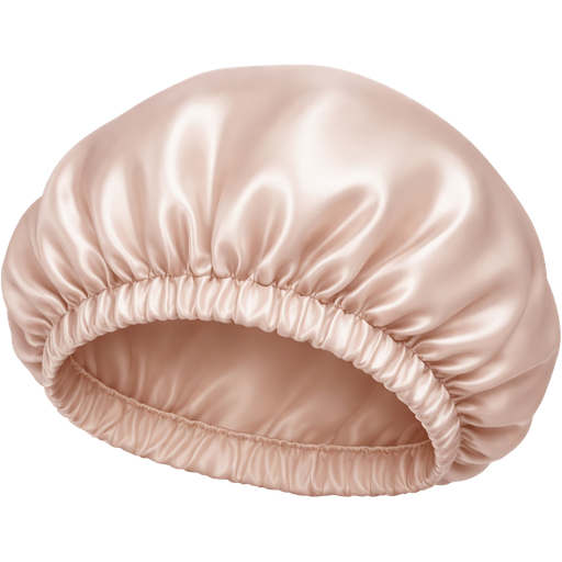 realistic, high-quality illustration of a silk bonnet with a smooth, glossy satin finish. The bonnet is softly rounded and slightly voluminous, with gentle folds that show the silky texture. It features a comfortable elastic band around the edge, in a matching or slightly darker neutral tone. Colour is soft and minimal, such as nude beige, champagne, blush pink, or classic black. The fabric has a subtle sheen with soft highlights, avoiding harsh reflections. The shape is neat and symmetrical, with realistic proportions and no distortion. Style is clean, feminine