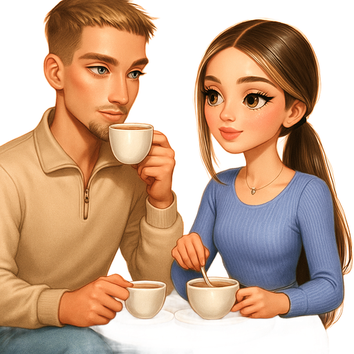 café date morning: luxury glossy bratz-baddie romantic aesthetic, cinematic glow, crisp clean detail, glossy glam: tall slim young man: long face shape with long point chin, straight nose, high cheeks, downturned slightly set close light green with golden flecks, almond shaped eyes, long lashes, thin straight slight angled brows, golden light skin tone, full wide soft pink lips, facial hair: long chin goatee, dark blonde hair, short textured brushed forward crop haircut, serious expression, wearing beige quarter zip, relaxed jeans, Nike sneakers, sipping his coffee like it’s a ritual and smiling at her and petite girl, small head, soft-autumn tone, pale skin, warm brown doe-almond eyes, soft button nose, soft freckles, round, full moderate bust, soft body definition, sweet Belle-princess vibe, straight long brunette straight sleek honey balayage hair with blonde highlights, muted periwinkle knit top, cream straight-leg pants, ballet flats, ponytail & tiny gold necklace, she’s stirring her latte & people-watching, pop-princess energy, shimmer highlight, sparkly glow