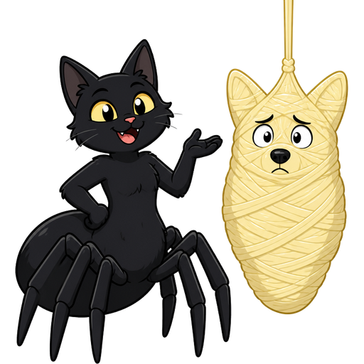 black anthropomorphic cat drider hybrid smiling next to #FFF4A6 completely covered spider cocoon mummified completely covered anthropomorphic corgi worried with #FFF4A6 spider slik wrappings completely covered hanging