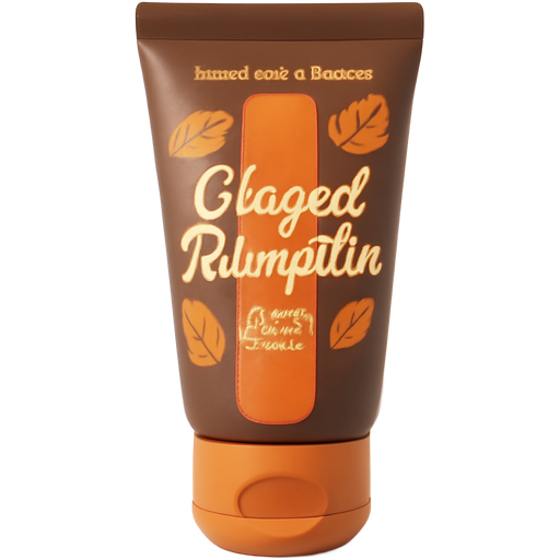 Bath & body works glazed pumpkin body cream tube; the words are written in script, the tube is brown with leaves, there is a section of orange down the center, with an orange cap