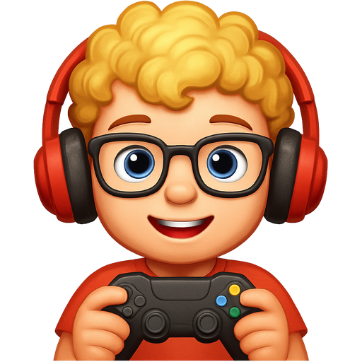 A boy with blonde curlyhair wearing red gaming headphone and holding game controller and eyes blue with glasses