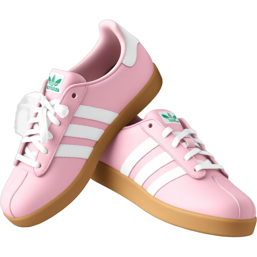 Create a pair of adidas sambas that have a gum sole and are pink with white ribbon laces and a white adidas symbol