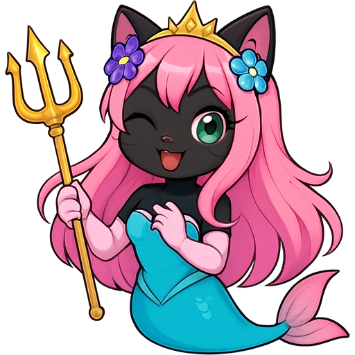 black cat smiling pink long hair golden crown purple and blue flowers green eyes light pink gloves very long cyan mermaid tail with pink fins swimsuit cyan holding a golden trident sailor moon style fan character emoji, expressive cute style